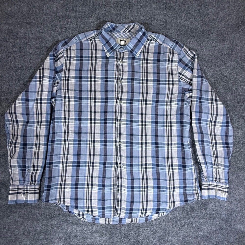 Joseph Abboud Mens XXL Blue Plaid 100% Linen Long Sleeve Button Down Shirt